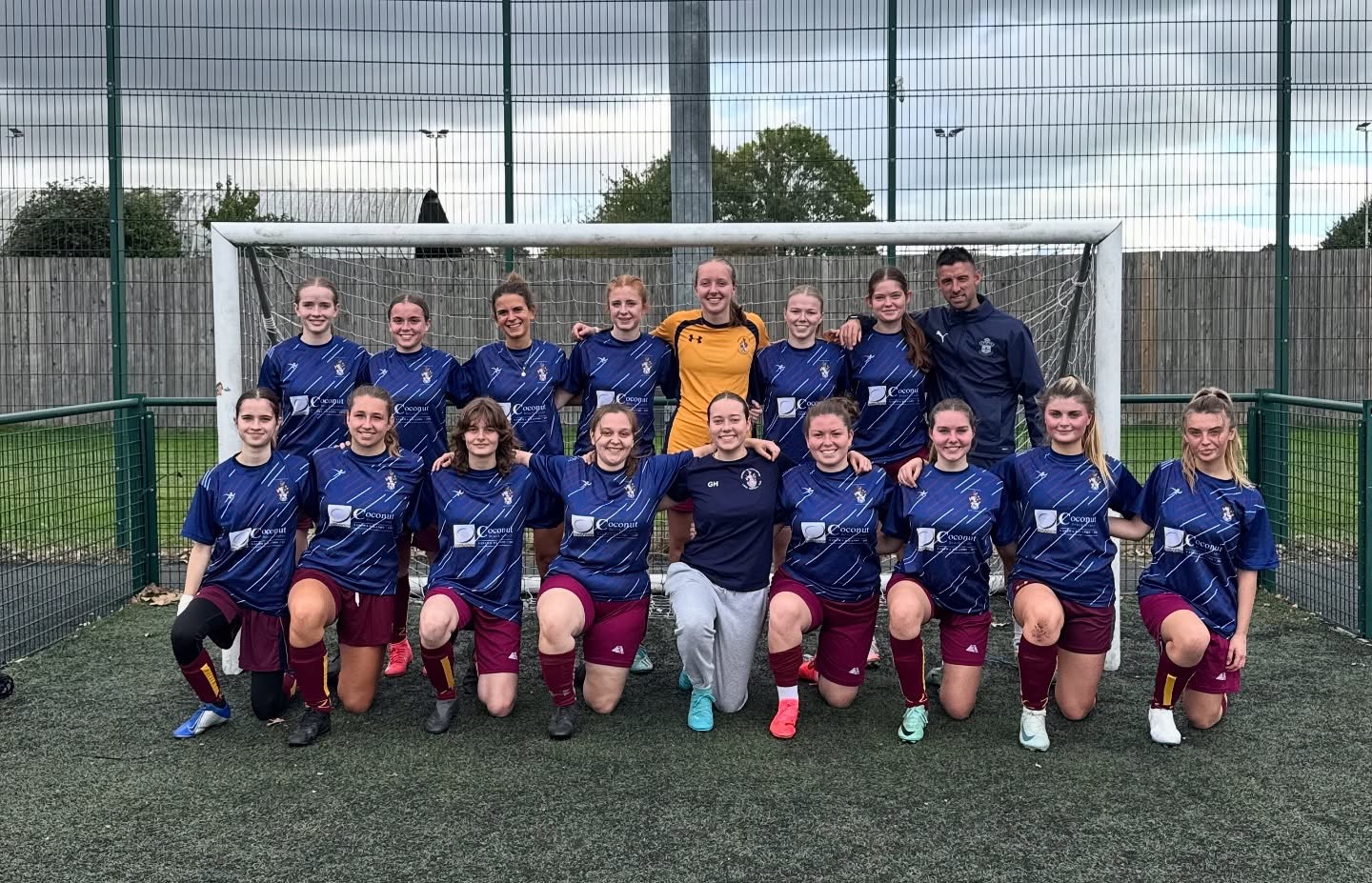 Dave with a university football squad in front of the goal